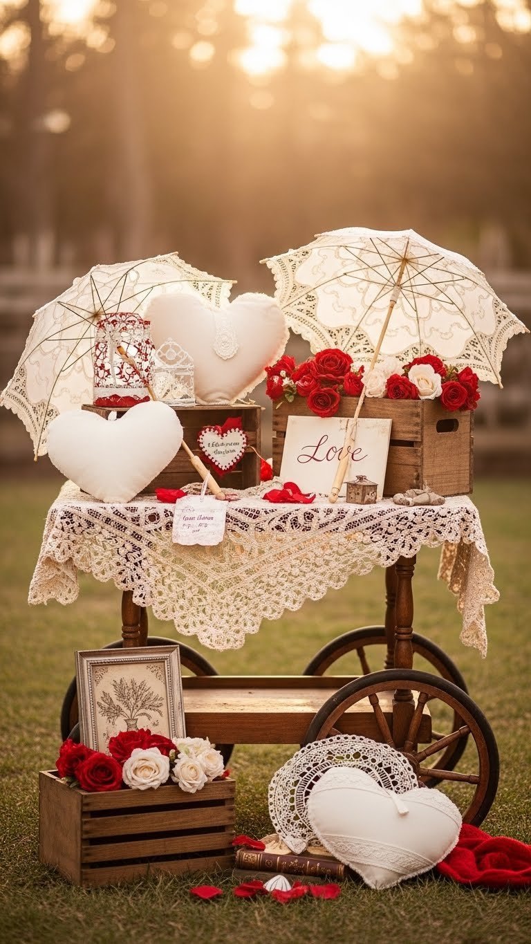 Artfully arranged Valentine's mini session props including heart cushions, lace parasols, and vintage cart display