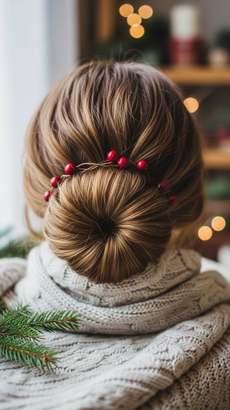 Artfully twisted bun with subtle deep red berry accents and deconstructed texture on cozy knitted fabric