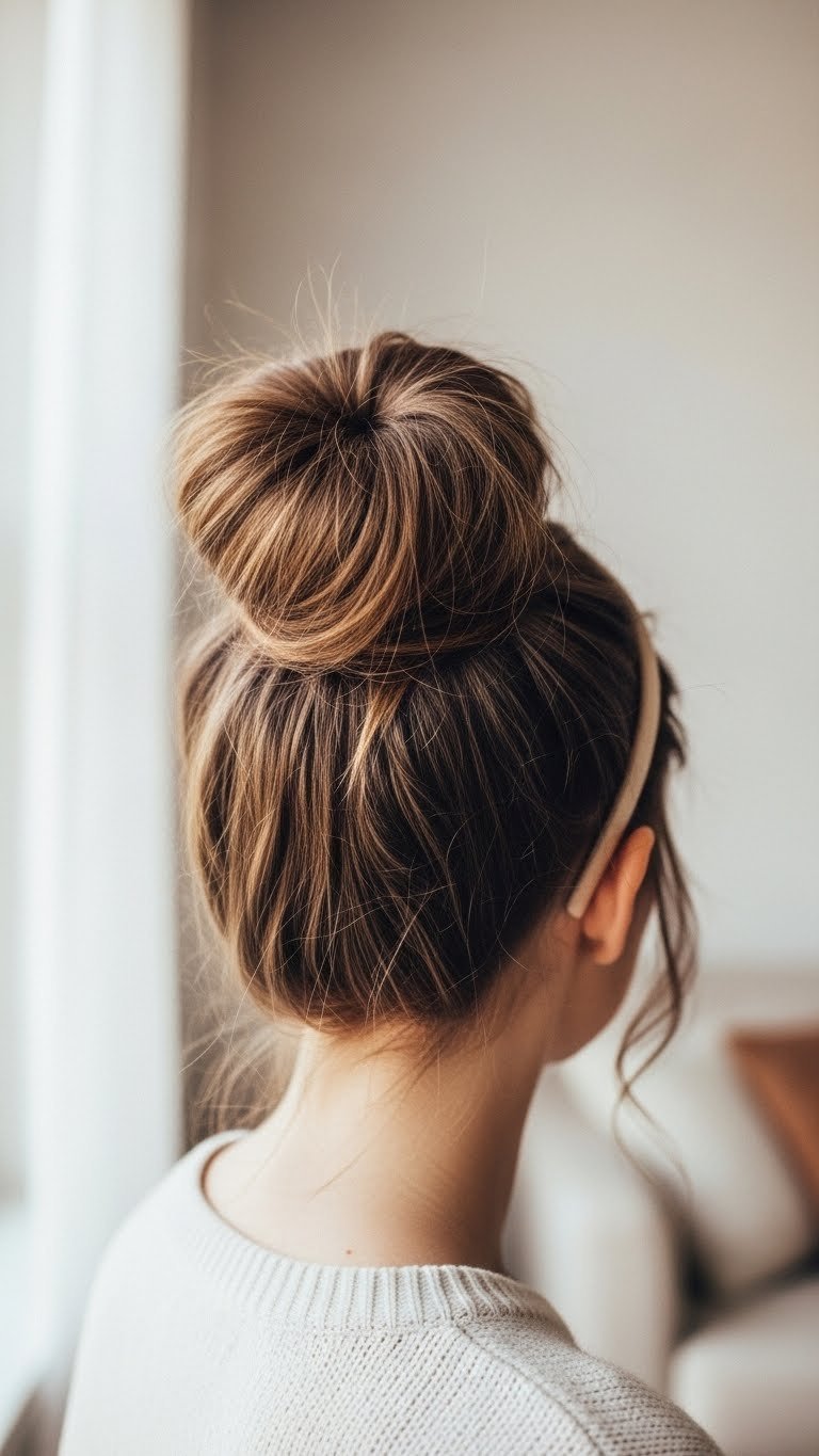Artfully undone high messy bun with face-framing wisps capturing casual chic 00s hairstyle aesthetic