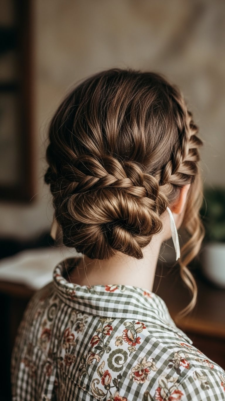 Artfully undone messy braided bun with wispy face-framing pieces in vintage rustic room