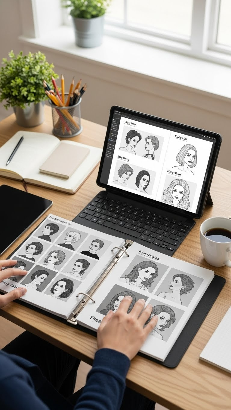 Artist organizing digital hairstyle reference library with categorized folders on wooden desk