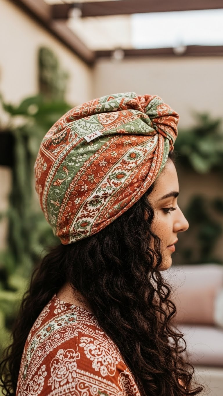 Artistic hair wrap hairstyle with dark curly hair hiding greasy hair on rustic patio