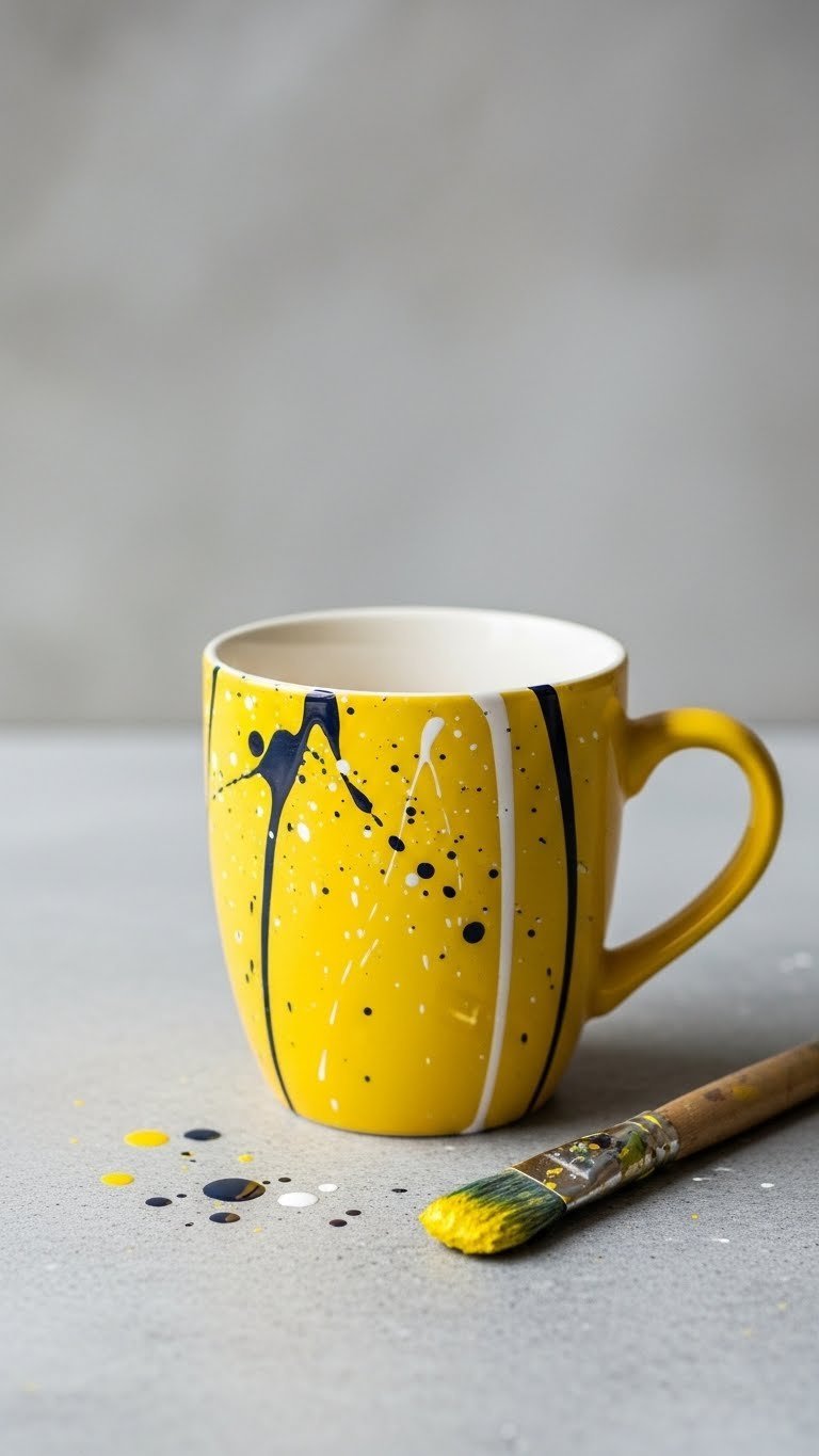 Artistic splatter design yellow mug on concrete surface with paintbrush and scattered paint drops