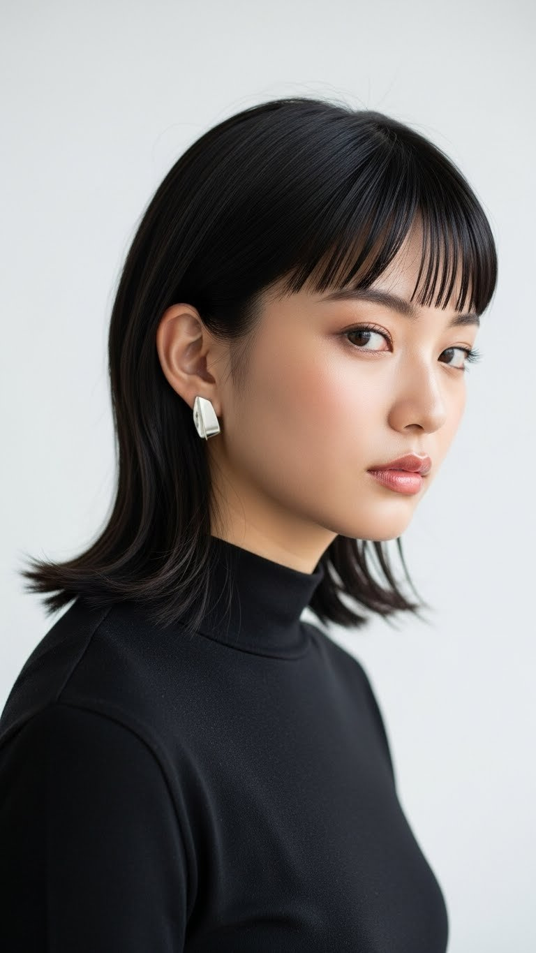 Asian woman with Japanese Hime Cut hairstyle featuring blunt side-locks and heavy fringe in clean indoor setting