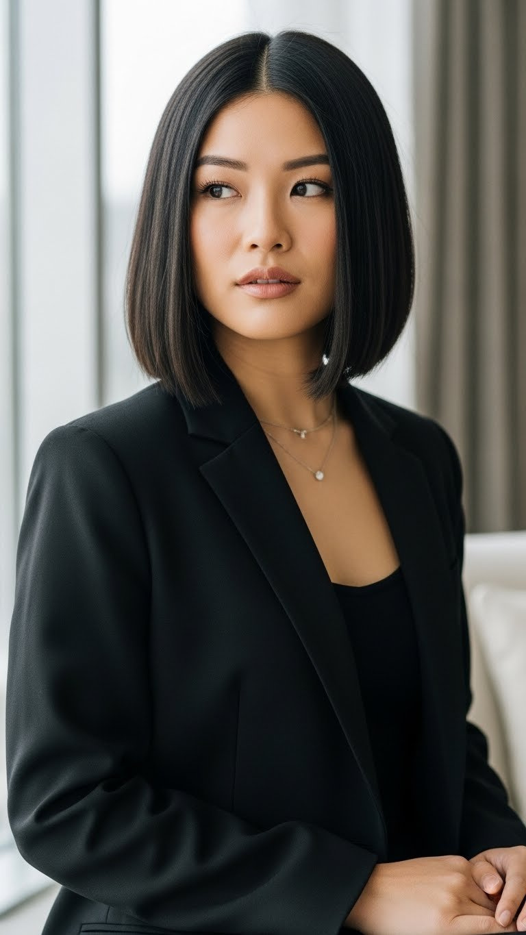 Asian woman with blunt cut medium length Asian hair featuring straight thick uniform ends in contemporary interior space