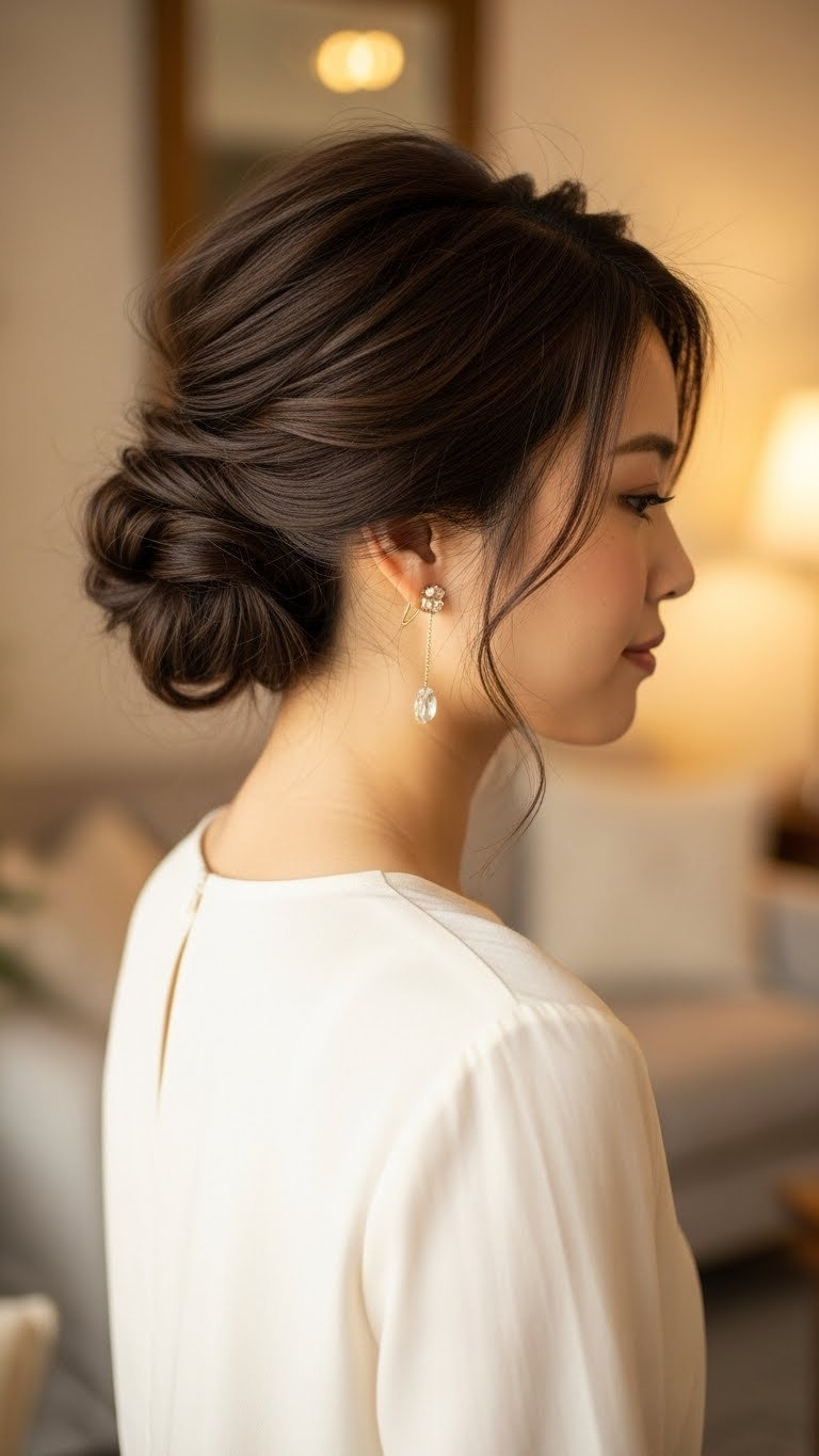Asian woman with elegant messy updo hairstyle featuring soft tendrils and effortless bun in warm living room setting