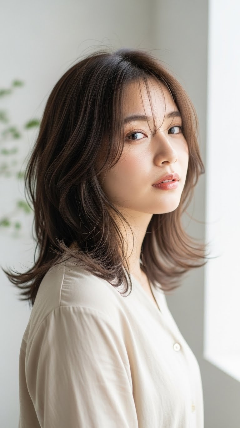 Asian woman with medium length layered hairstyle showcasing soft face-framing layers and natural movement in bright room