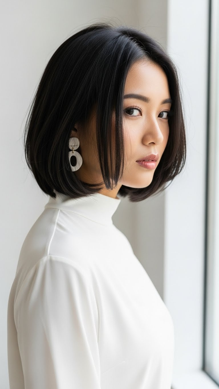 Asian woman with modern medium length bob hairstyle featuring subtle contemporary twists in art gallery setting