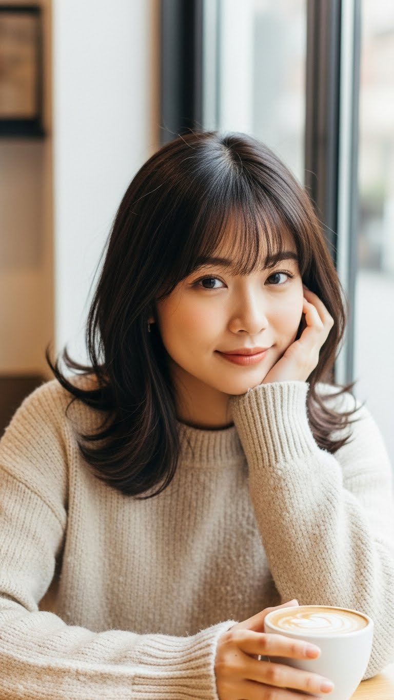 Asian woman with shoulder length hairstyle featuring Korean see-through bangs and wispy face-framing layers in cozy cafe setting