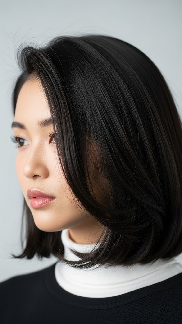 Asian woman with sleek asymmetrical lob hairstyle featuring glossy pin-straight medium length hair against soft gray studio backdrop