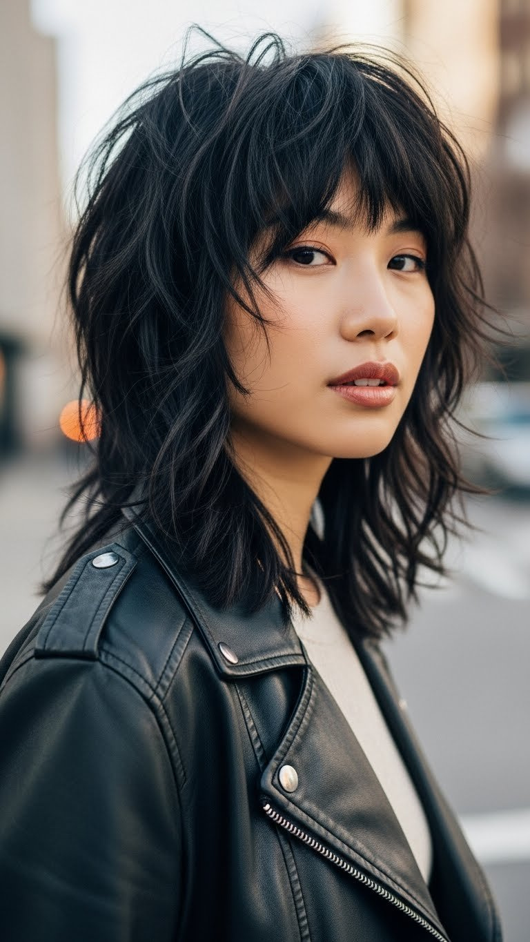 Asian woman with textured medium length shag hairstyle featuring choppy layers and edgy aesthetic in urban outdoor setting
