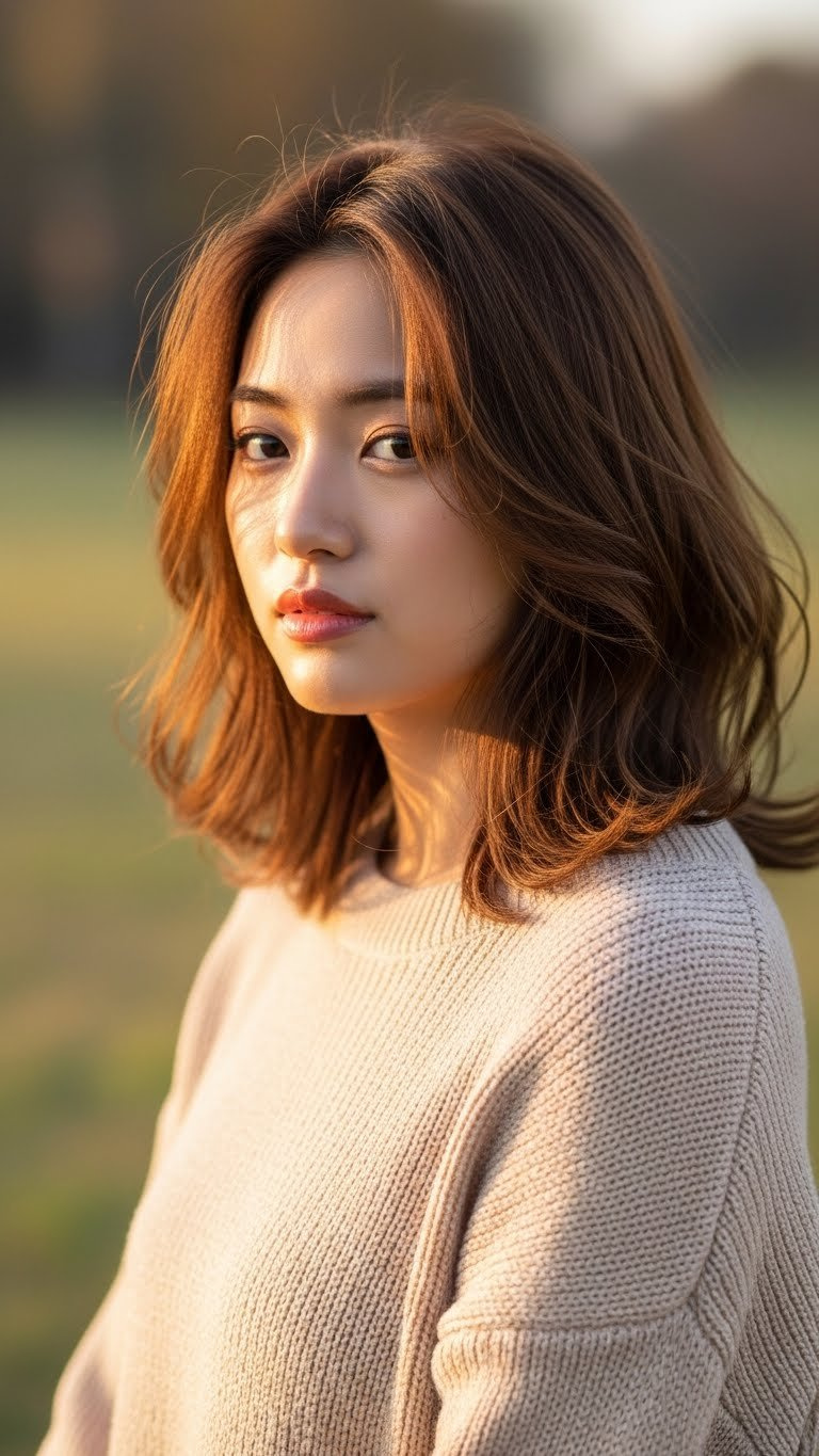 Asian woman with wavy medium length perm hairstyle featuring soft natural waves in golden hour outdoor setting