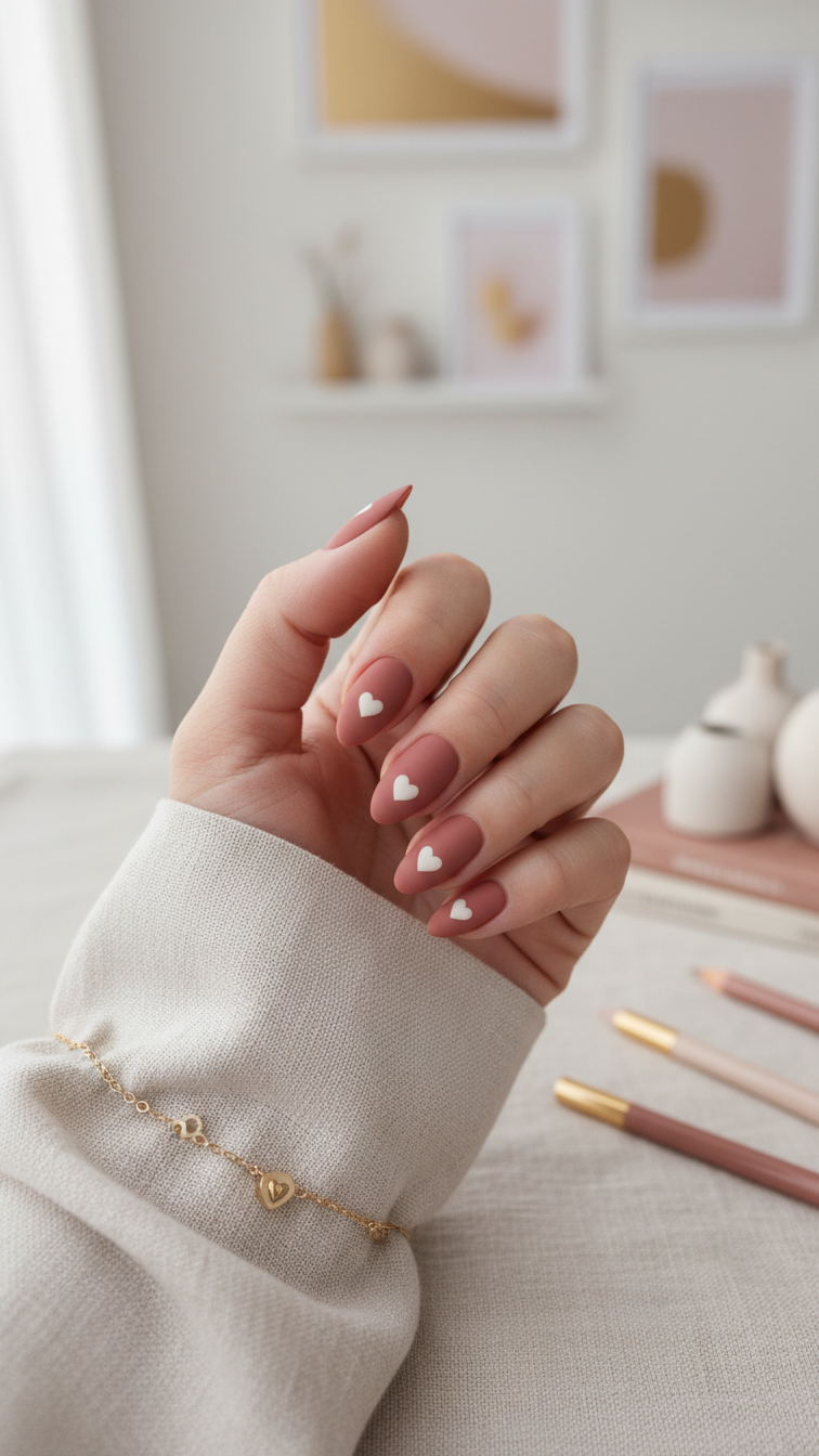 Asymmetrical heart placement almond nails with varying heart positions on raw linen fabric