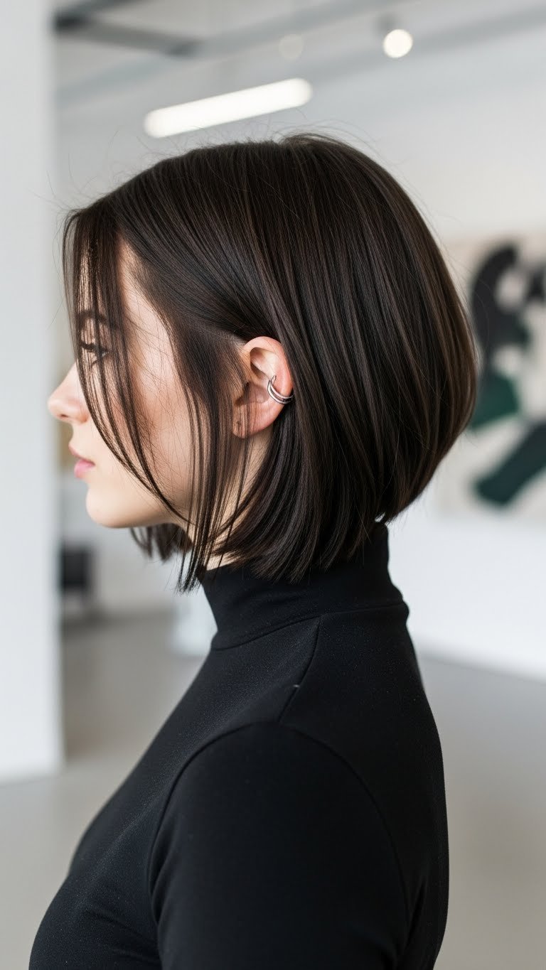 Asymmetrical medium length alt bob haircut with razor cut texture against minimalist art gallery backdrop