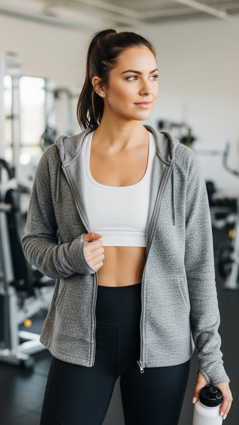Athletic woman in grey zip-up hoodie with white sports bra posing with water bottle in modern gym setting