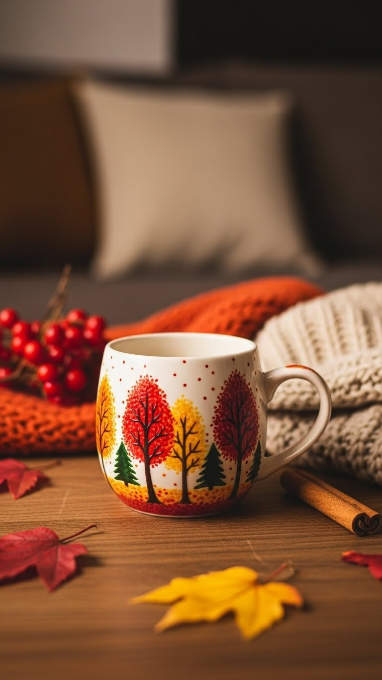 Autumn trees scene mug with vibrant red, orange, and yellow foliage