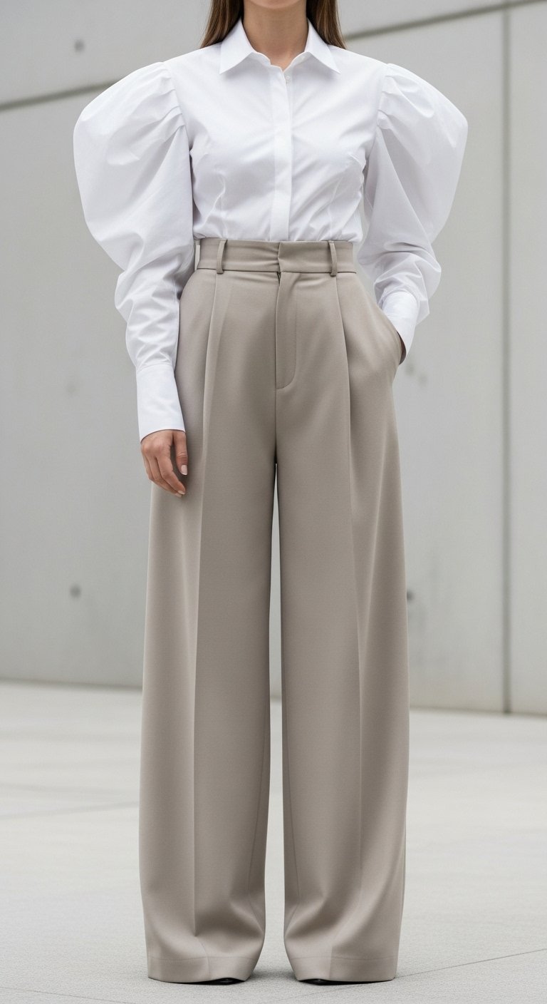 Avant-garde fashion look with white poplin shirt featuring oversized puffy sleeves and beige wide-leg trousers