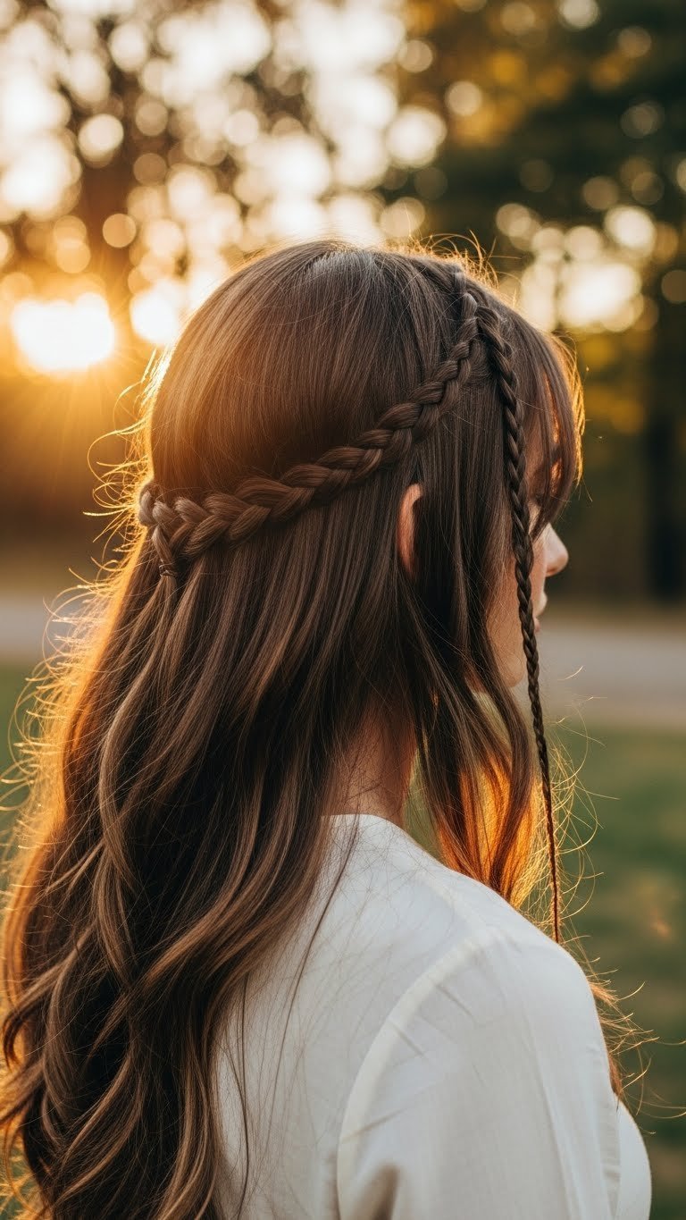 Baby braids and face-framing tendrils 90s hairstyle with delicate braids on brown-haired model at golden hour