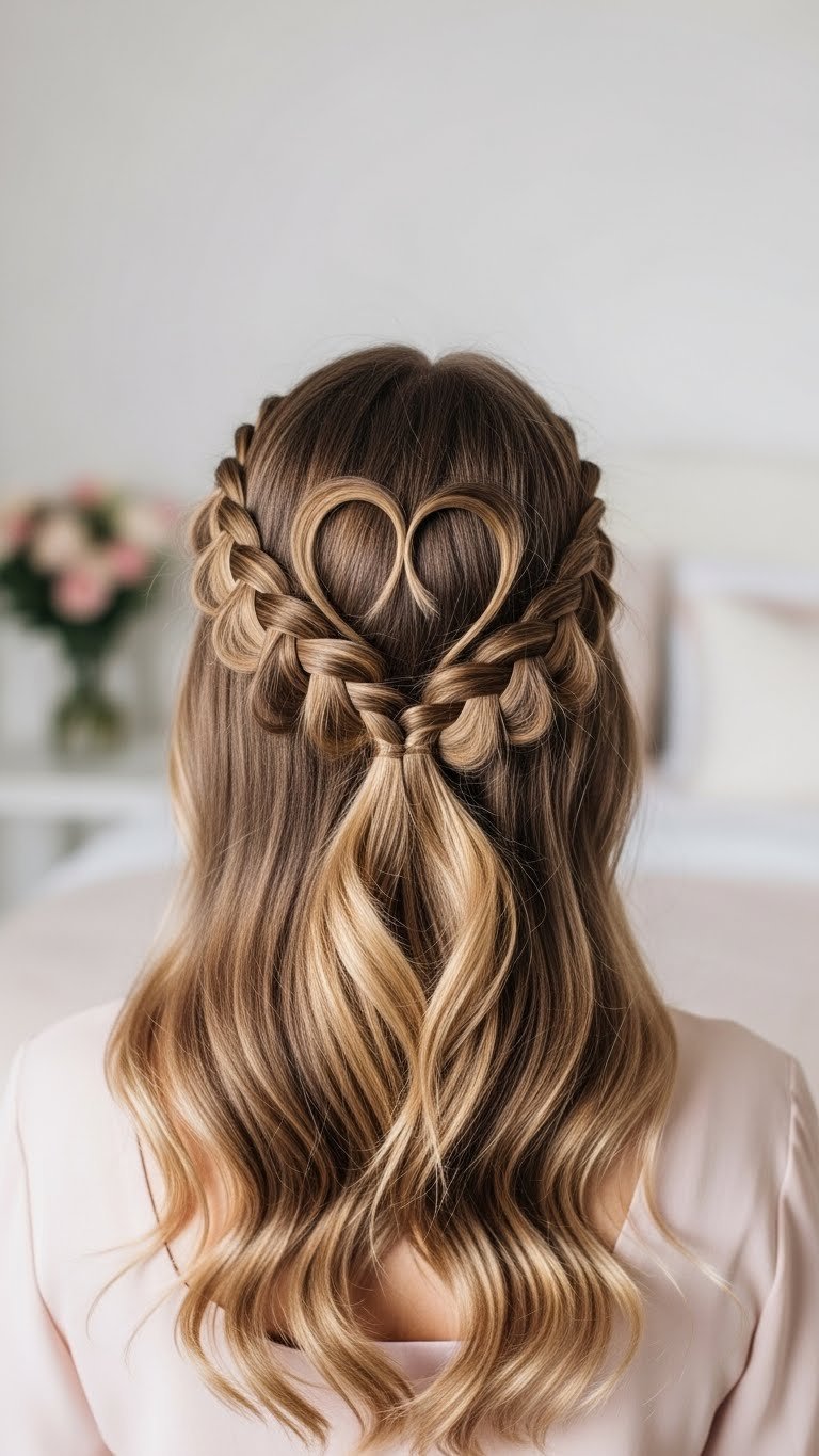 Back view of intricate half-up heart braid hairstyle with soft waves cascading down in romantic soft pink tones