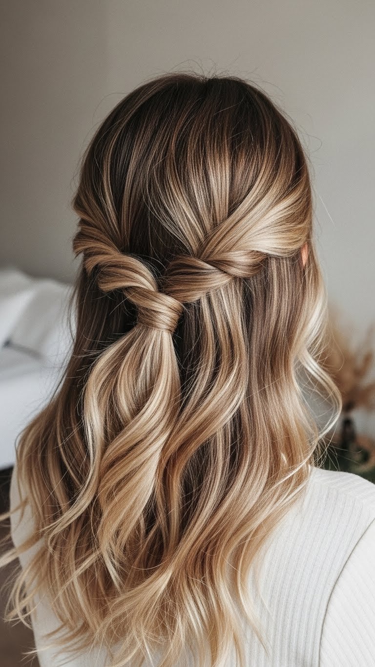 Back view of minimalist twisted half-updo hairstyle with clean lines and natural flowing hair