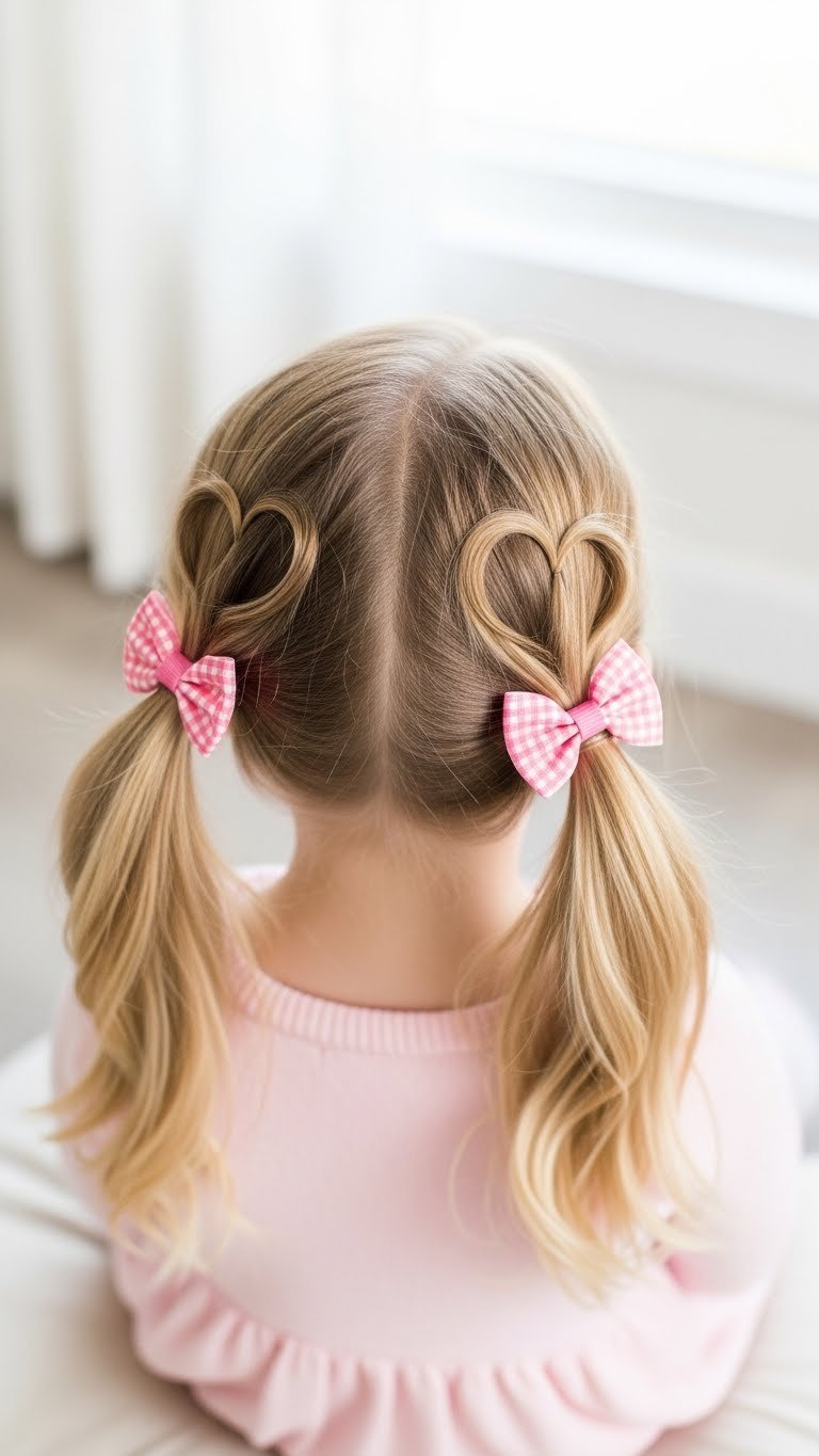 Back view of symmetrical heart-shaped pigtails hairstyle on child's head in bright playful colors