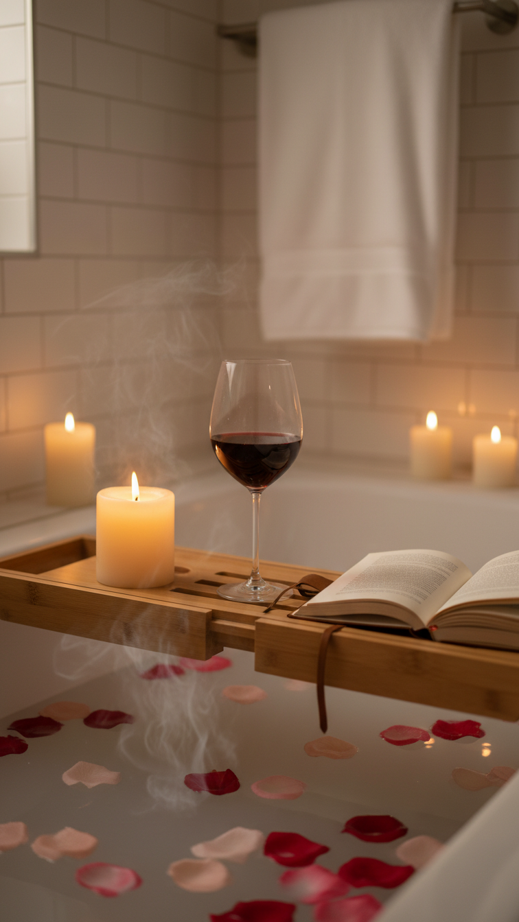 Bamboo bathtub tray with candle, wine, and book over rose petal-filled bath for relaxing spa night