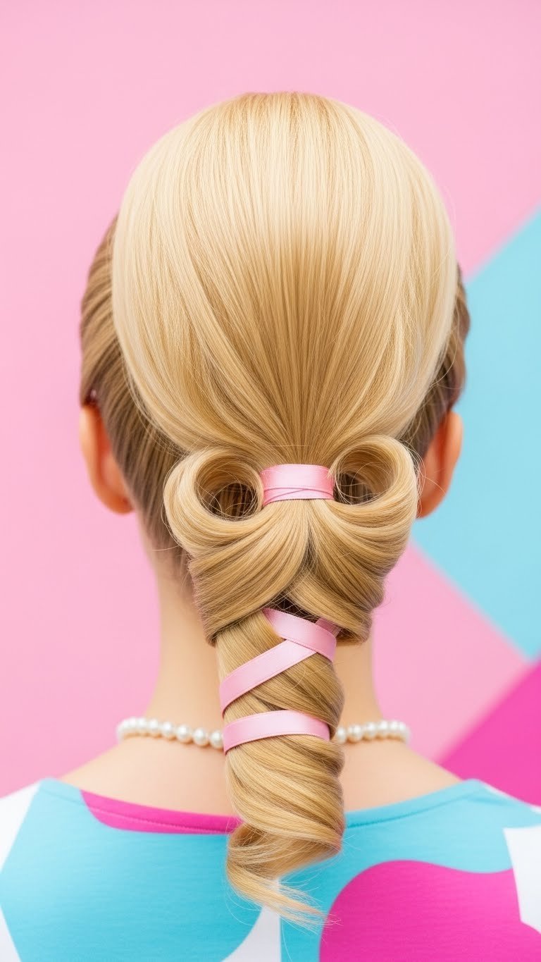 Barbie-inspired high ponytail with blonde curls and pink ribbon against pastel backdrop