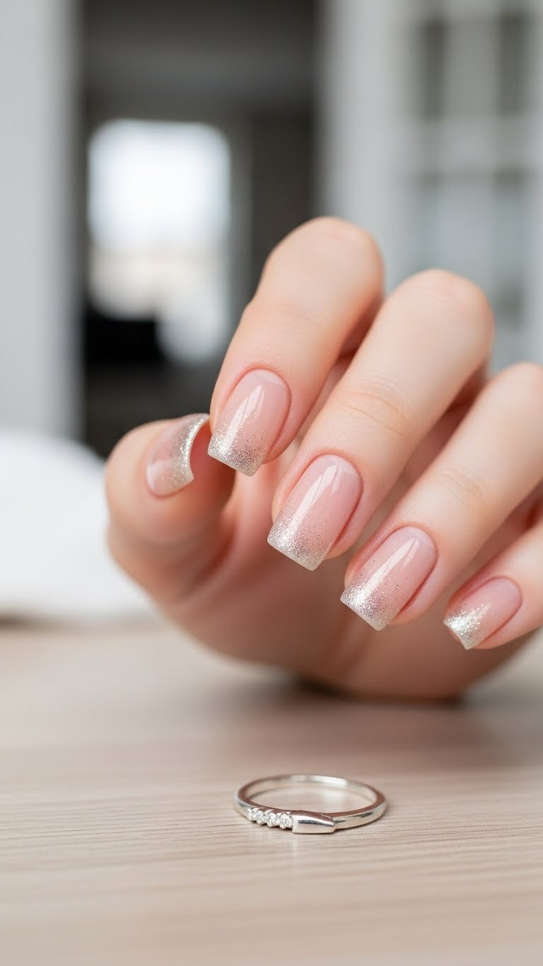 Barely-there sparkly nude ombre nails on natural wood surface with minimalist silver ring accent