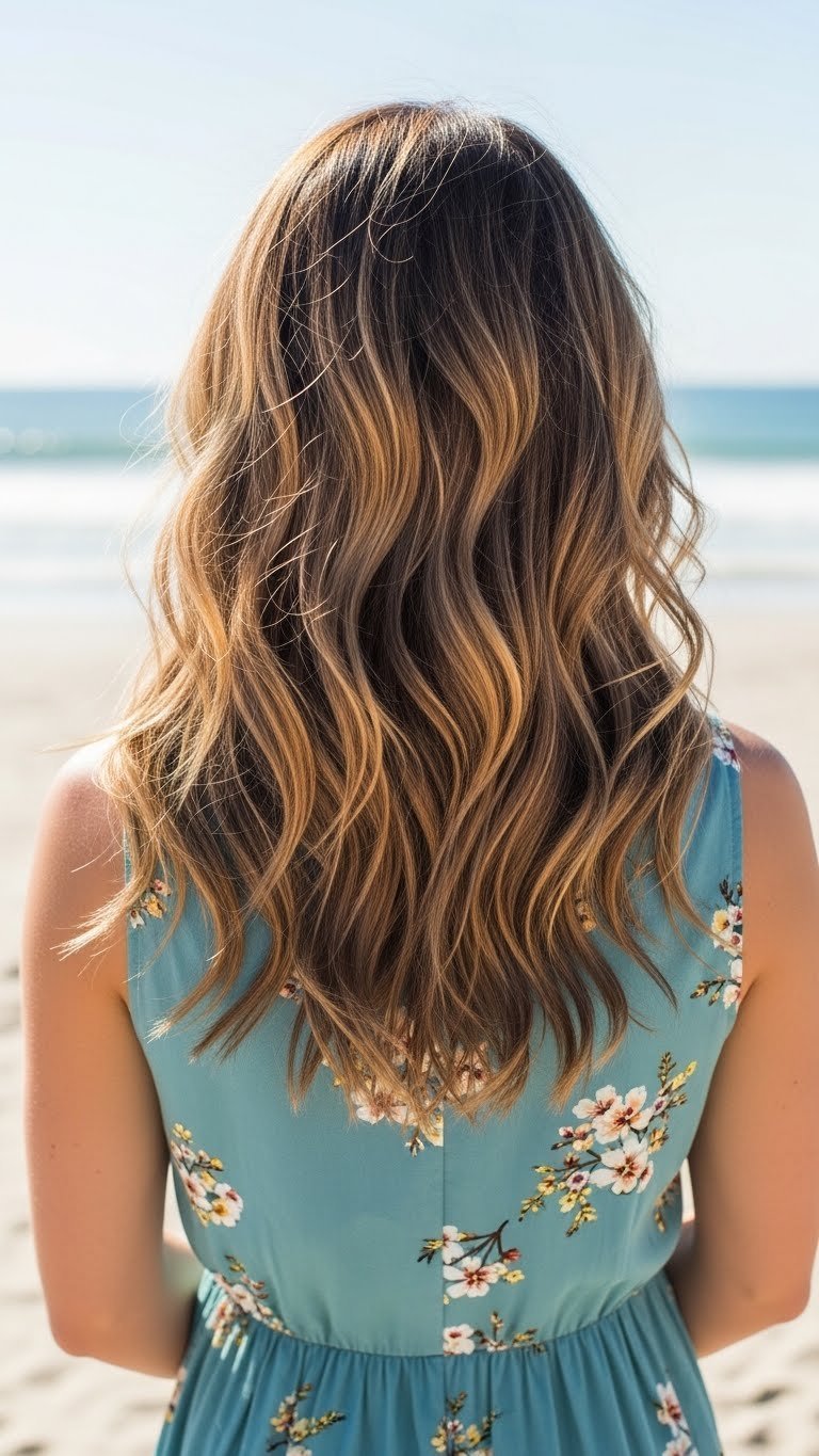 Beachy messy waves hairstyle cascading over shoulders in coastal outdoor setting with bright daylight