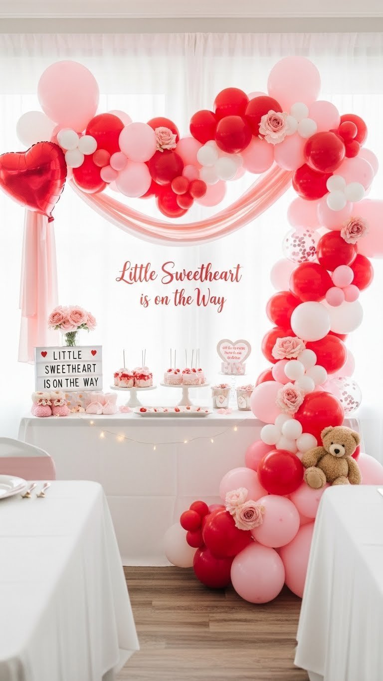 Beautiful Valentine's baby shower decorations featuring a pink heart-shaped balloon arch framing dessert table with soft lighting