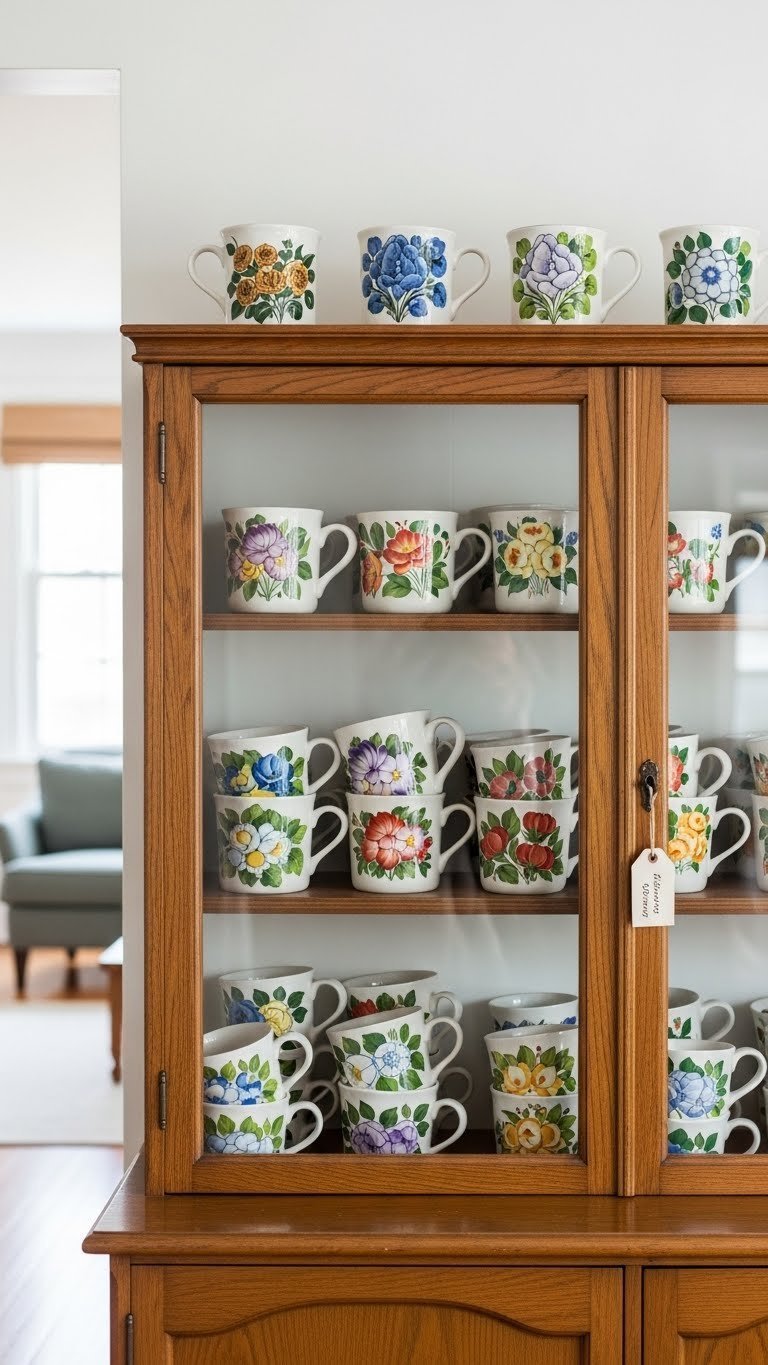 Beautifully arranged collection of vintage hand painted mugs on dust-free display shelf with soft lighting highlighting artistry