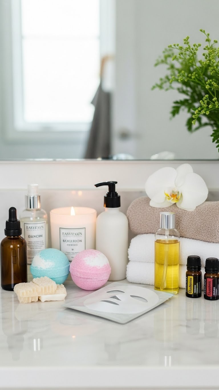 Beautifully arranged home spa kit with bath bombs and scented candles on white marble countertop