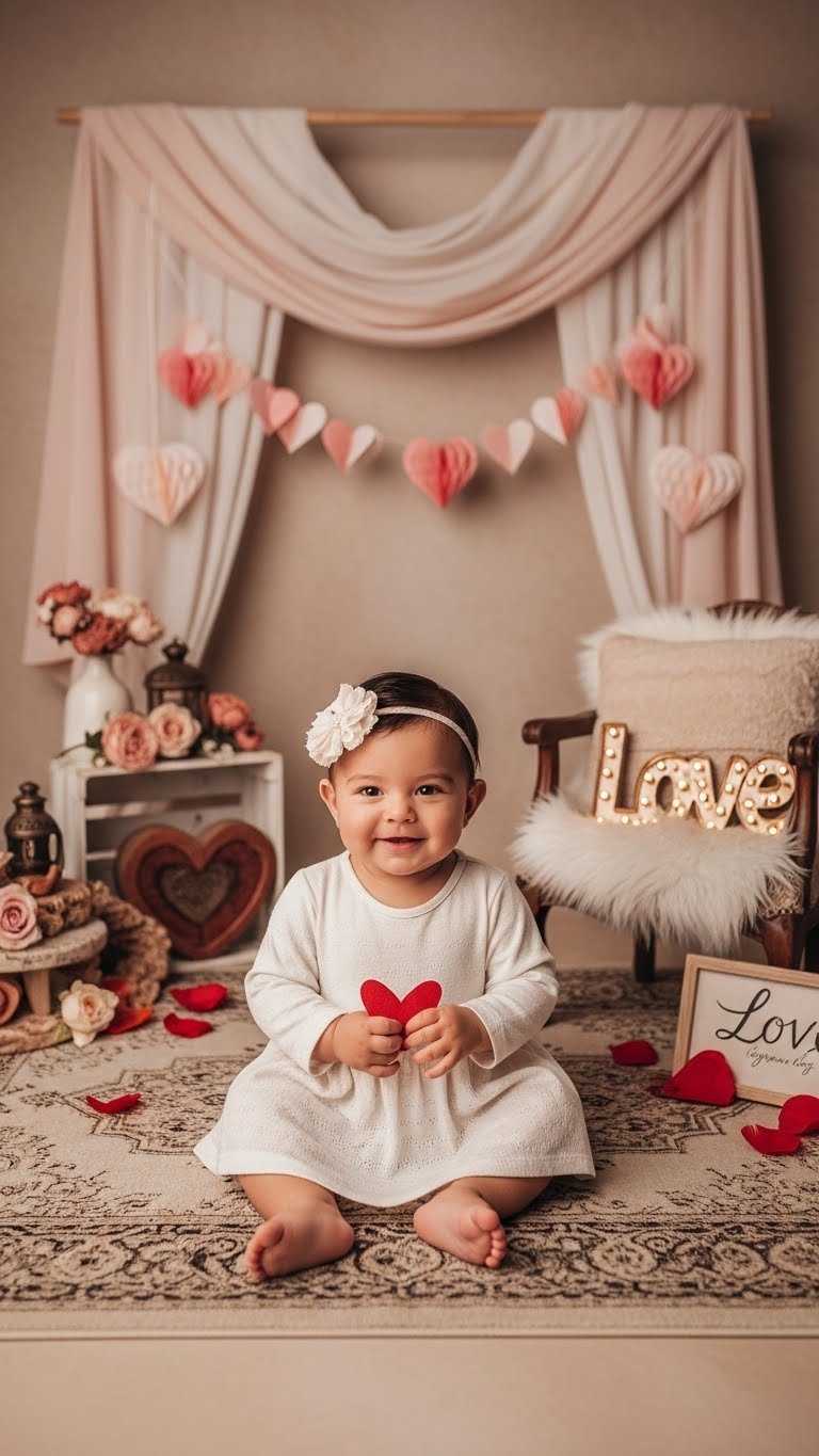 Beautifully styled Valentine's Day photography backdrop with draped fabric, delicate hearts, and floral accents creating romantic atmosphere