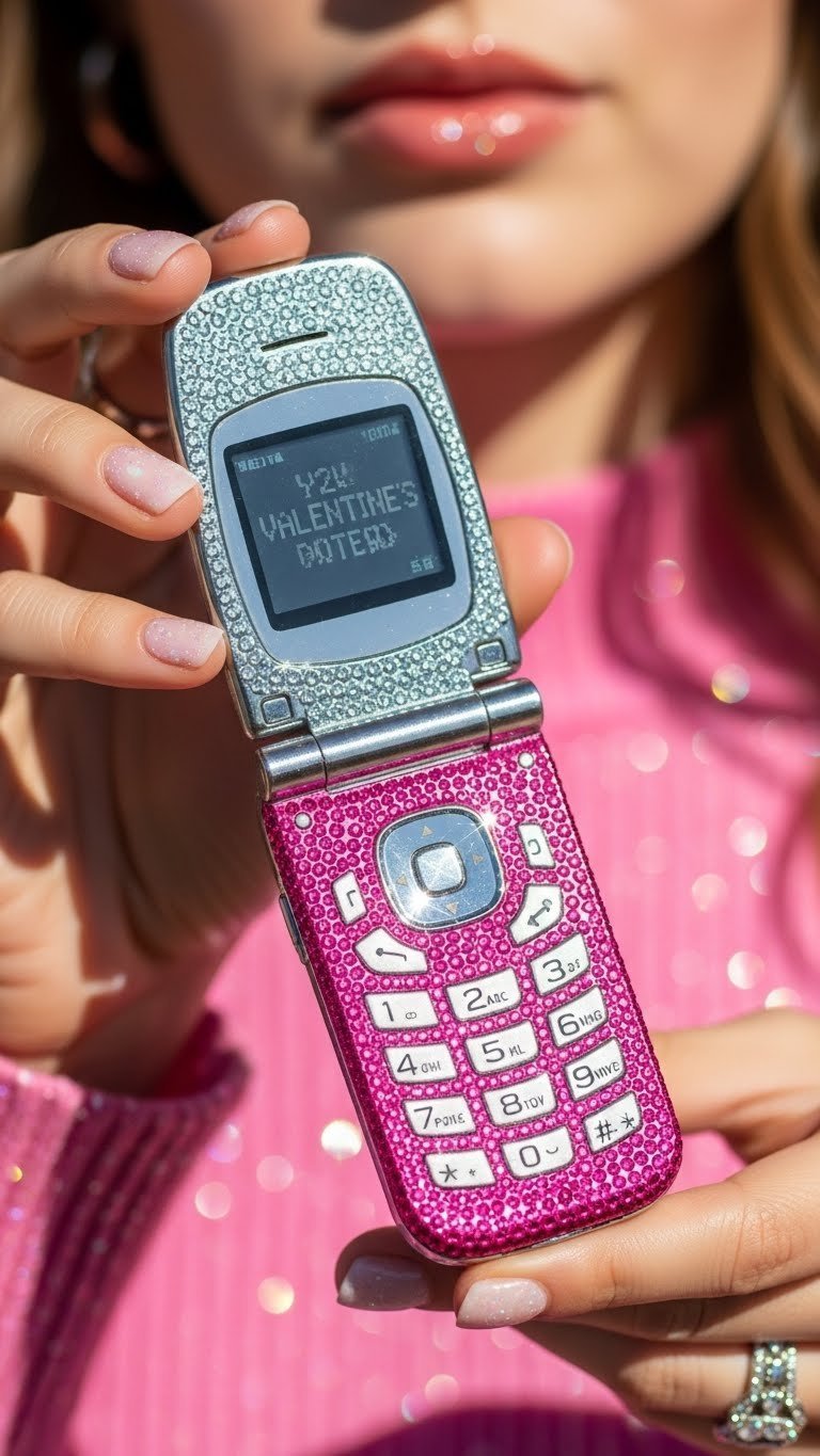 Bedazzled flip phone with sparkling rhinestones held against blurred pink wall background