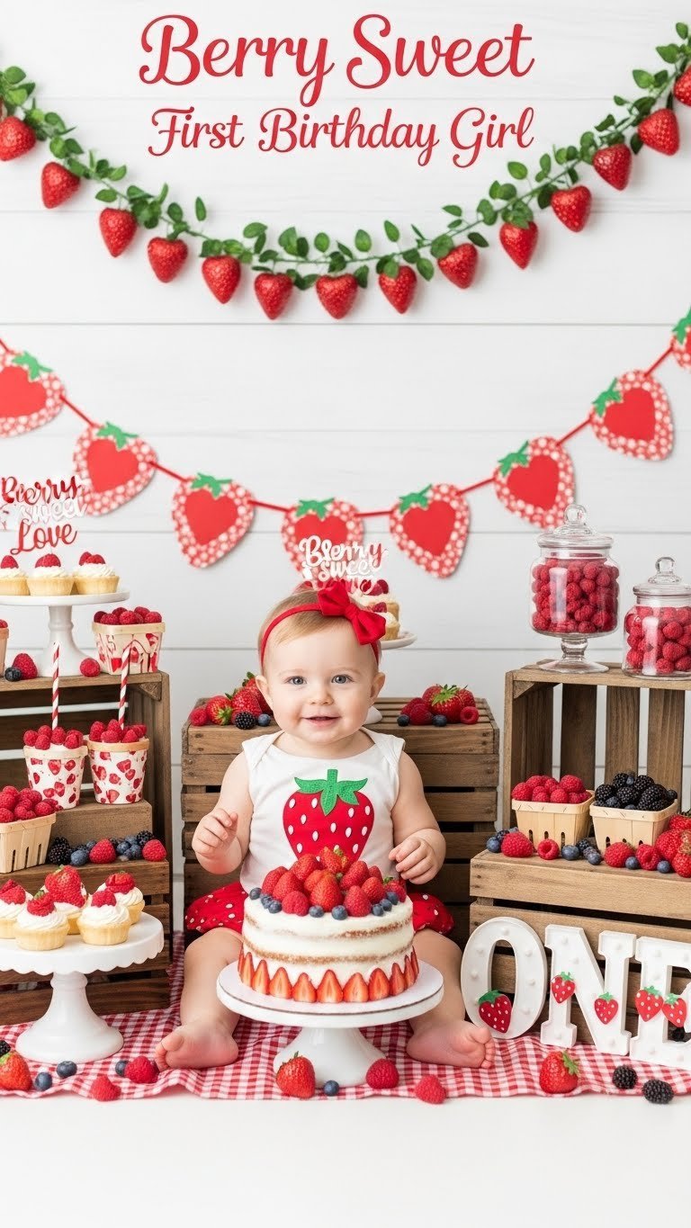 Berry Sweet Love fresh party setting with strawberry-themed baby girl among fresh berries and berry desserts
