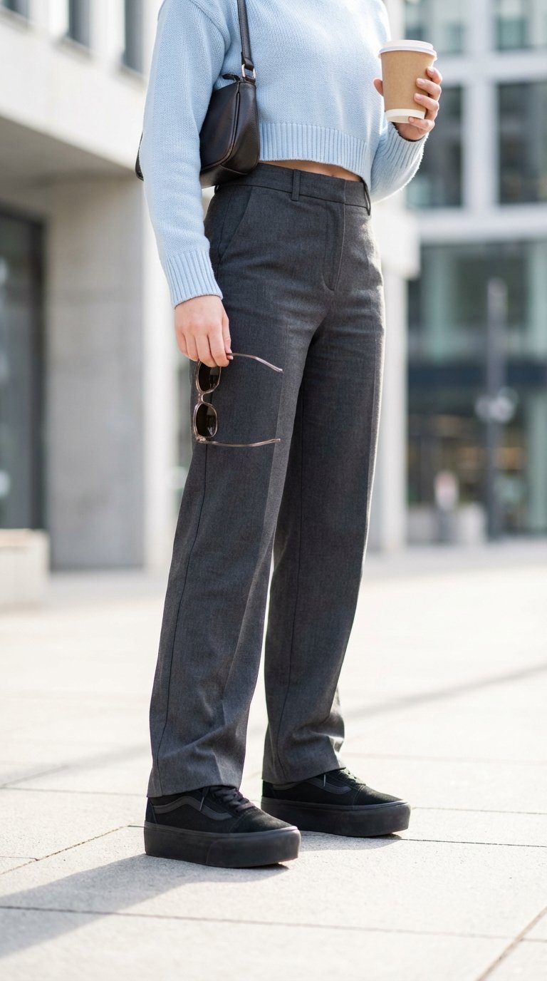 Black Platform Vans with wide-leg trousers on modern city street with architectural backdrop