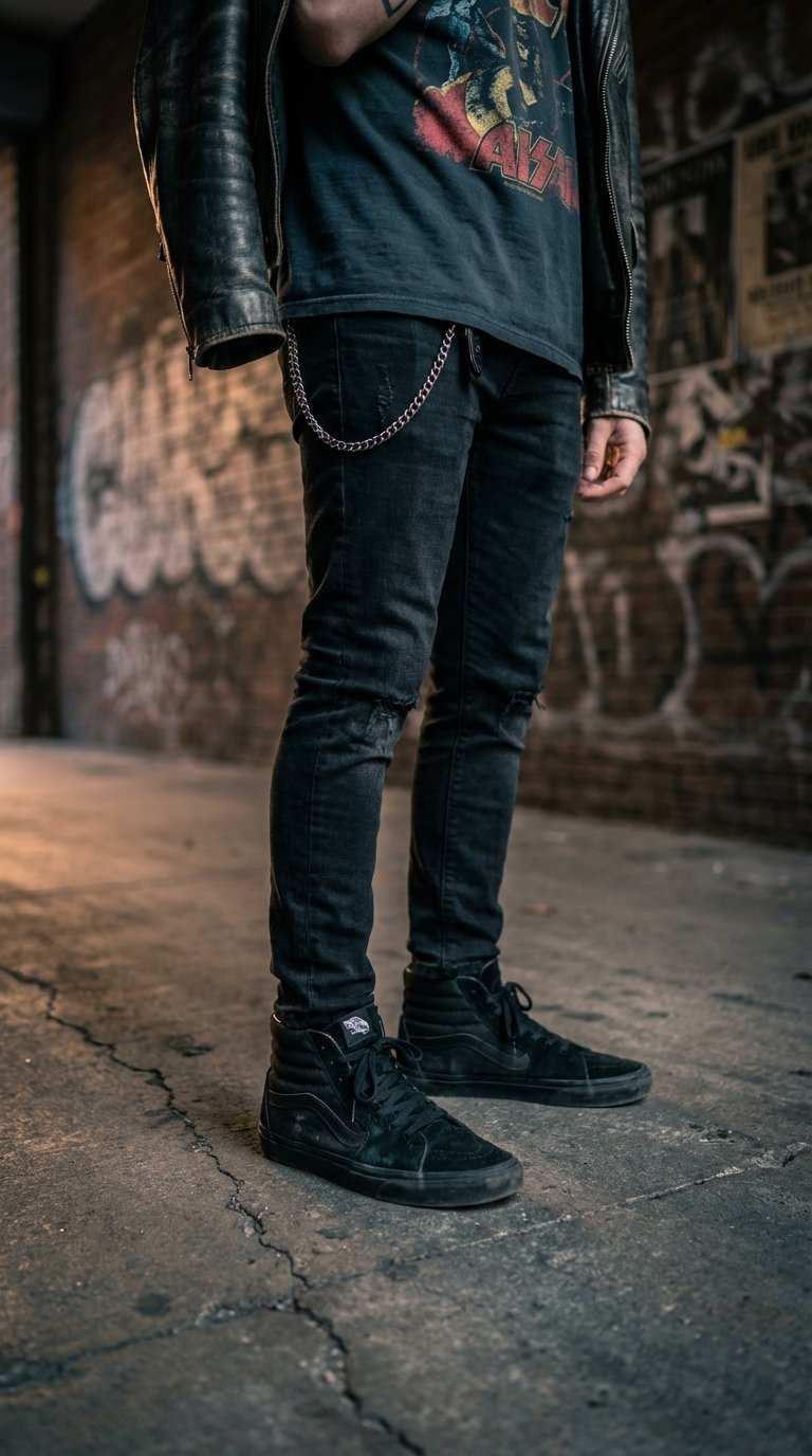 Black Sk8-Hi Vans paired with distressed jeans in gritty alleyway with brick wall backdrop