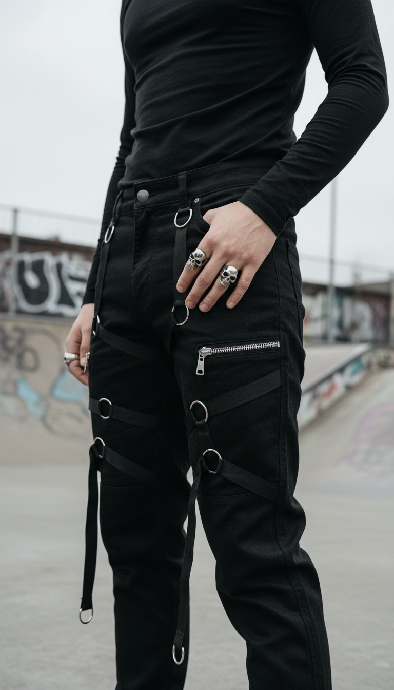 Black bondage trousers with multiple straps and zippers paired with fitted turtleneck in urban skatepark setting