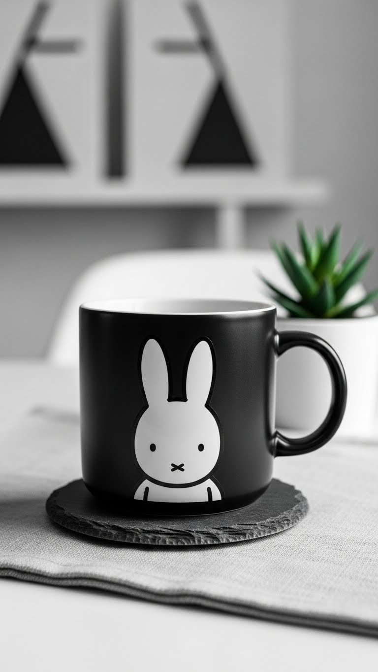 Black ceramic mug with minimalist white Miffy outline on dark slate coaster with modern succulent plant and textured linen