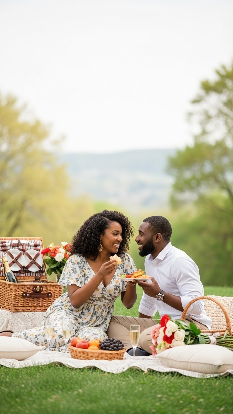 Black couple enjoying romantic picnic in scenic park surrounded by charming picnic setup