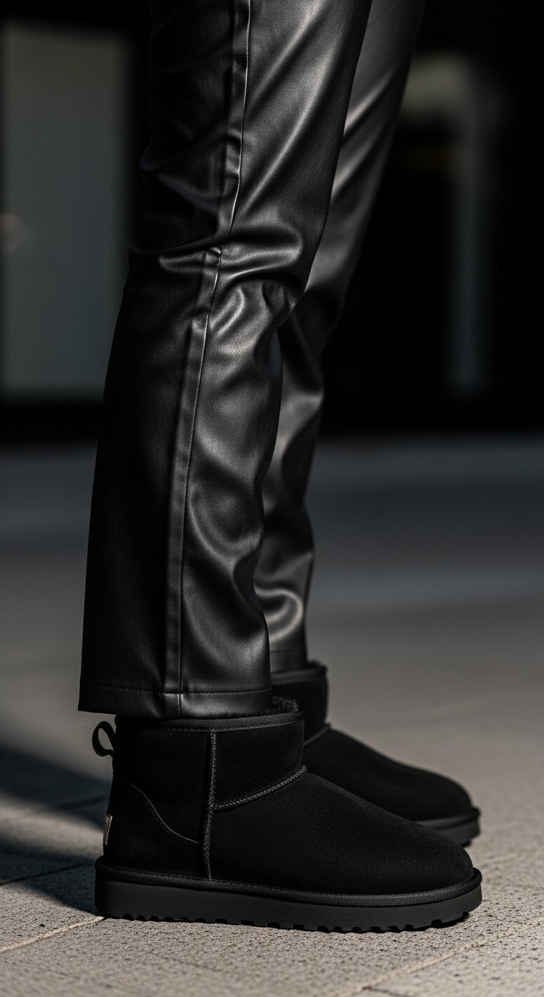 Black faux-leather pants tucked into black Classic Mini Ugg boots with dramatic texture contrast