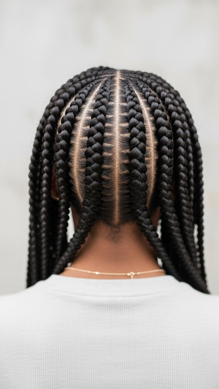 Black girl with bold Stitch braids featuring feed-in extensions against neutral minimalist background