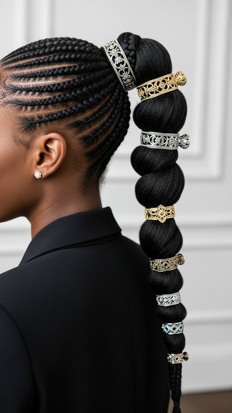 Black girl with classic braided ponytail adorned with decorative cuffs in elegant minimalist setting