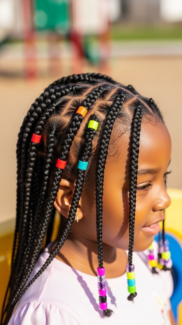 Black girl with cute knotless box braids featuring colorful beads in outdoor playground setting with soft natural lighting