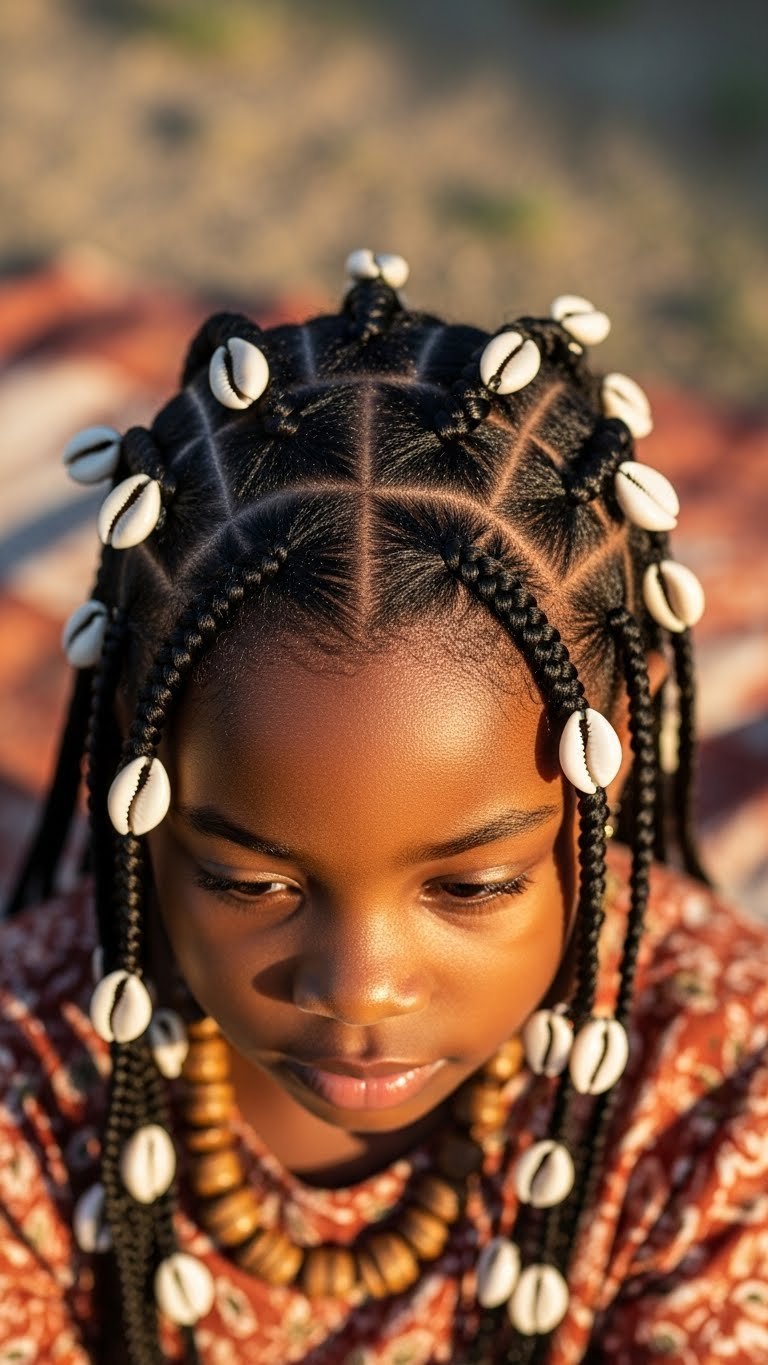 Black girl with elegant Fulani braids adorned with cowrie shells against earthy cultural backdrop