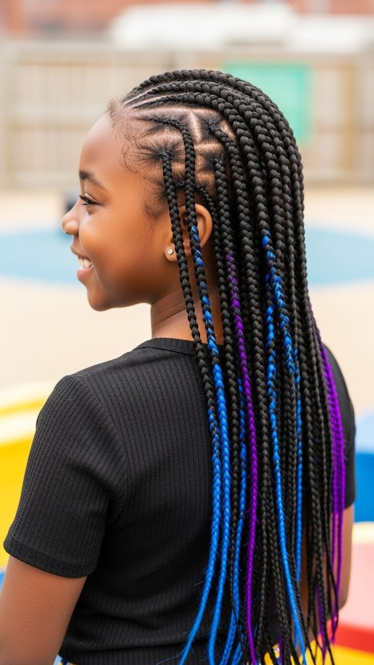 Black girl with fun jumbo box braids featuring vibrant color accents in playful outdoor environment