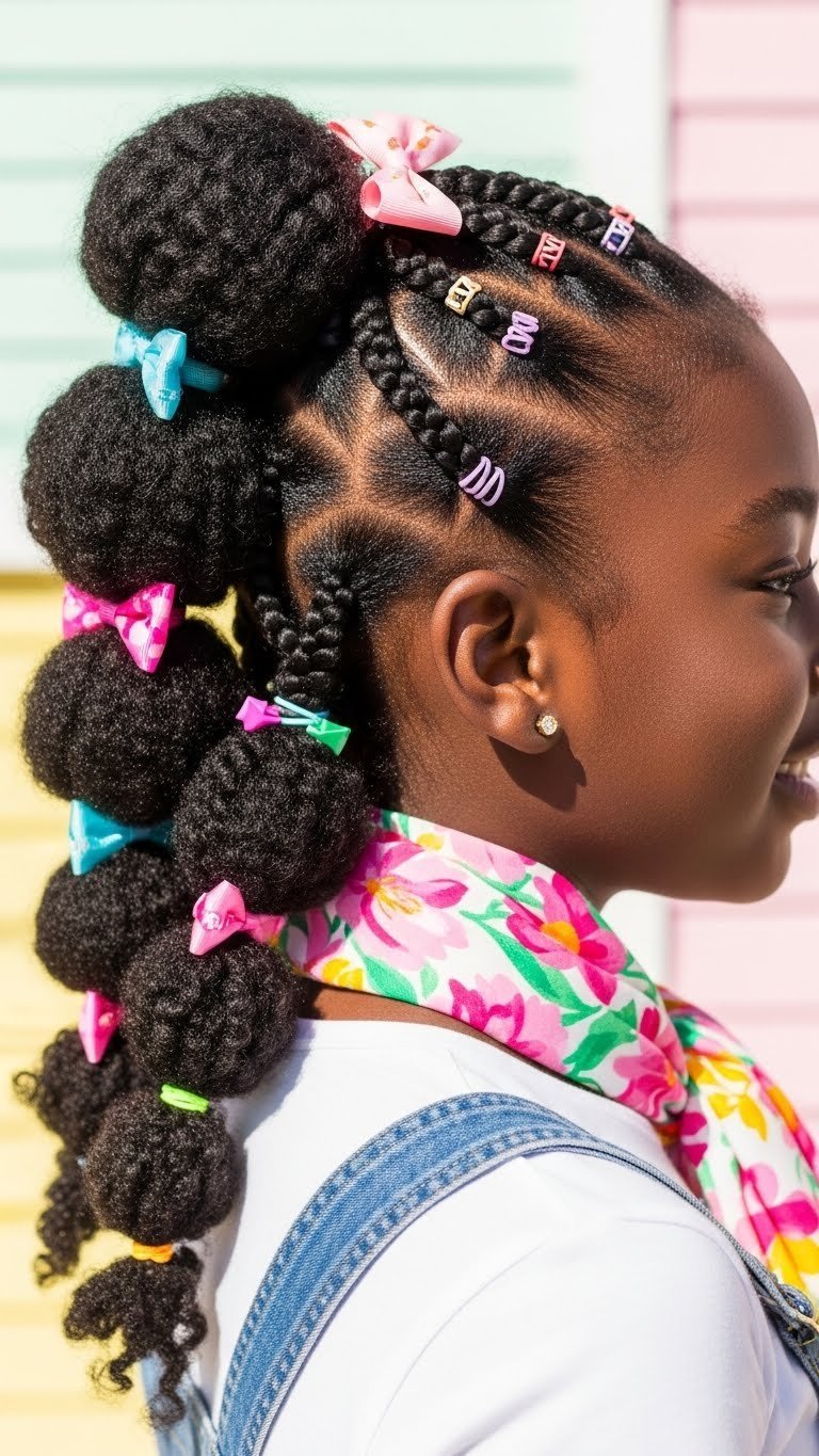 Black girl with playful bubble braids adorned with colorful ribbons and bows on bright pastel background