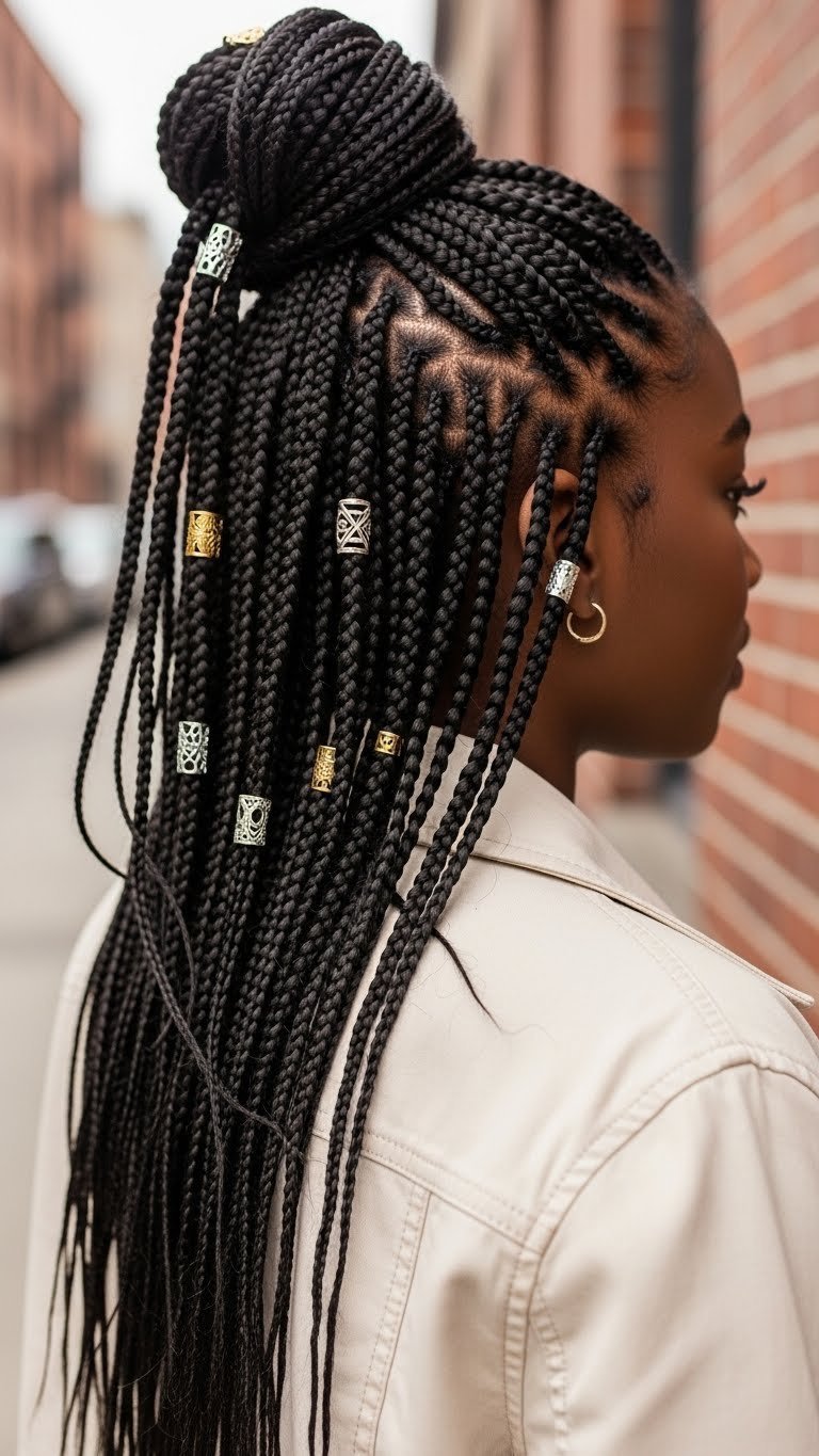 Black girl with versatile half-up half-down braids adorned with decorative cuffs in urban park setting