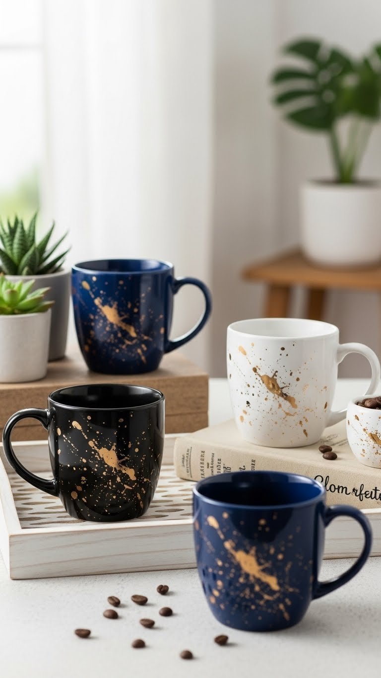 Black, navy, and white ceramic mugs with artistic gold splatter patterns on wooden tray with soft lighting