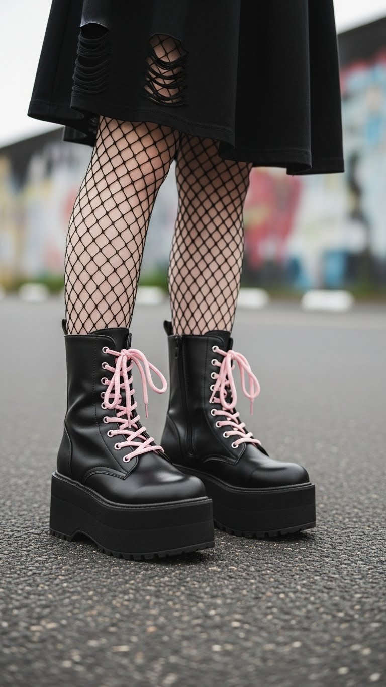 Black platform combat boots with pastel pink laces paired with ripped black dress on urban asphalt background